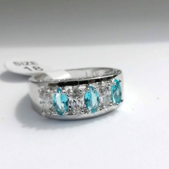 14k Real White Gold Plated Ring Blue Silver - Picture 1 of 7